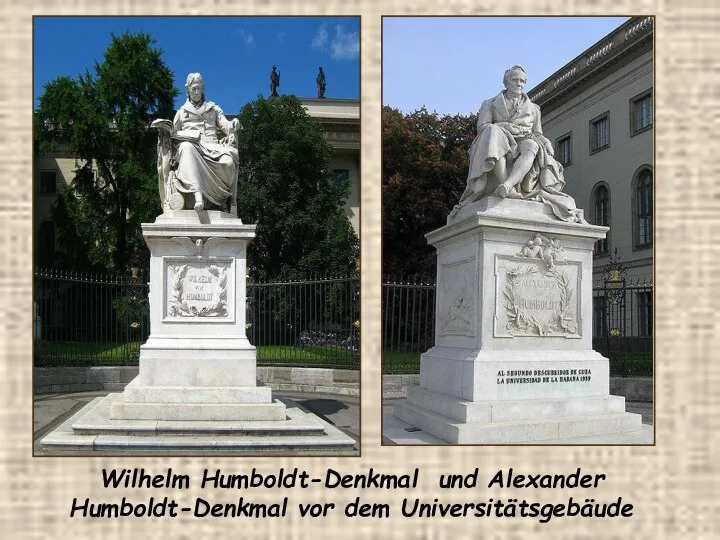 Wilhelm Humboldt-Denkmal und Alexander Humboldt-Denkmal vor dem Universitätsgebäude