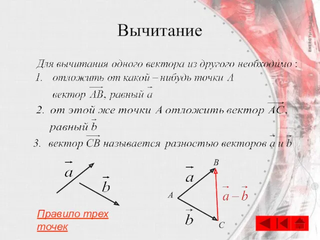 Вычитание B A Правило трех точек C