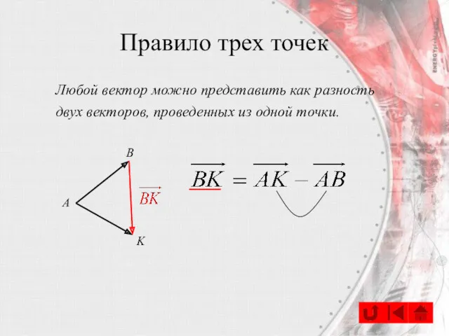 Правило трех точек Любой вектор можно представить как разность двух