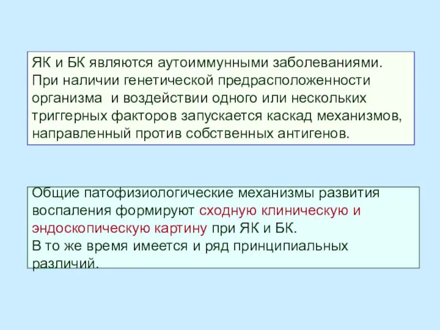 Общие патофизиологические механизмы развития воспаления формируют сходную клиническую и эндоскопическую