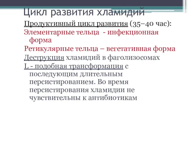 Цикл развития хламидий Продуктивный цикл развития (35–40 час): Элементарные тельца