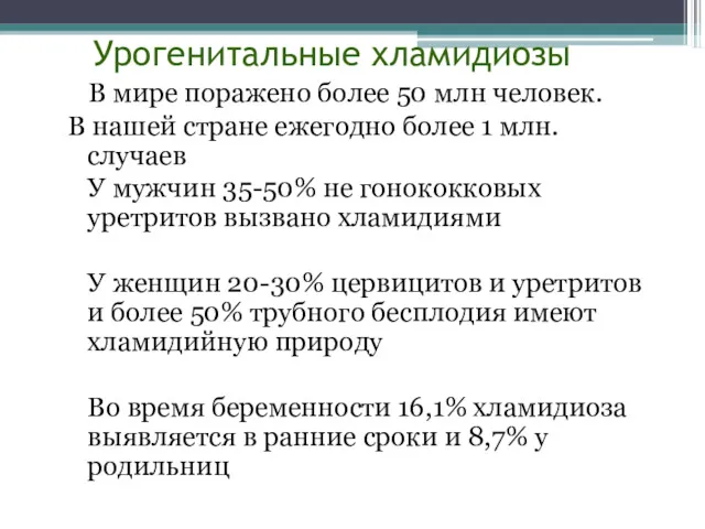 Урогенитальные хламидиозы В мире поражено более 50 млн человек. В