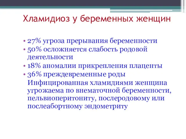 Хламидиоз у беременных женщин 27% угроза прерывания беременности 50% осложняется