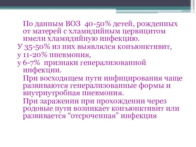 По данным ВОЗ 40-50% детей, рожденных от матерей с хламидийным