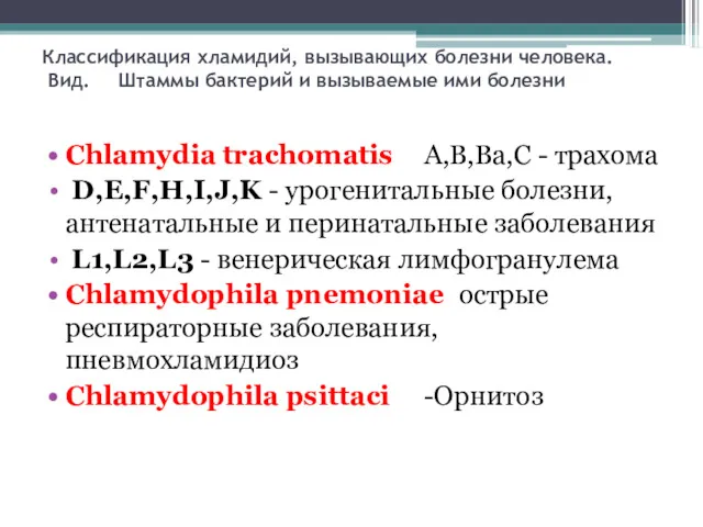 Классификация хламидий, вызывающих болезни человека. Вид. Штаммы бактерий и вызываемые