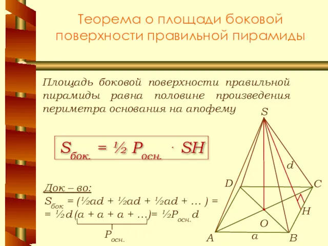 Теорема о площади боковой поверхности правильной пирамиды Площадь боковой поверхности