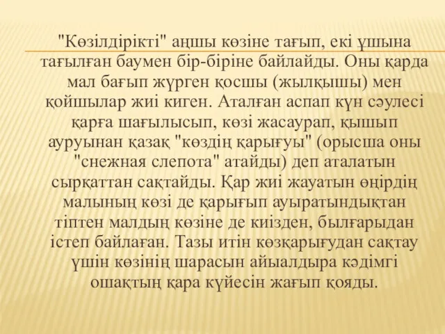 "Көзілдірікті" аңшы көзіне тағып, екі ұшына тағылған баумен бір-біріне байлайды.