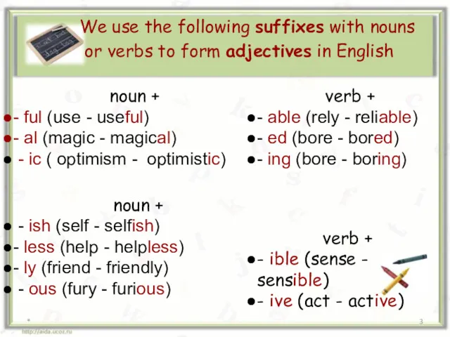 * We use the following suffixes with nouns or verbs