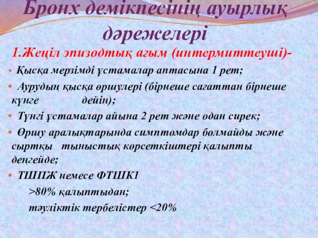 Бронх демікпесінің ауырлық дәрежелері 1.Жеңіл эпизодтық ағым (интермиттеуші)- Қысқа мерзімді