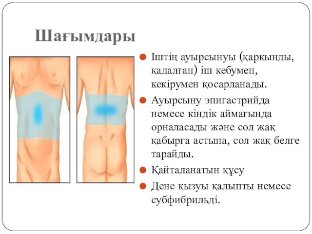 Шағымдары Іштің ауырсынуы (қарқынды, қадалған) іш кебумен, кекірумен қосарланады. Ауырсыну