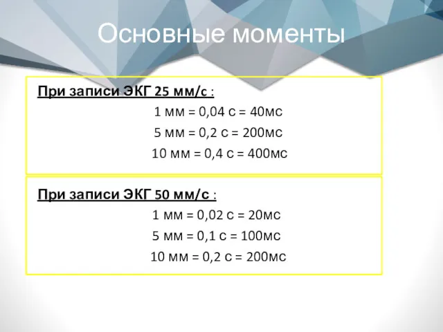 Основные моменты При записи ЭКГ 25 мм/c : 1 мм