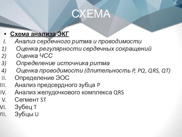 СХЕМА Схема анализа ЭКГ Анализ сердечного ритма и проводимости Оценка