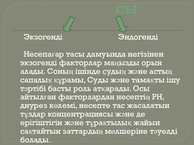 ЭТИОЛОГИЯСЫ Экзогенді Эндогенді Несепағар тасы дамуында негізінен экзогенді факторлар маңызды орын алады. Соның