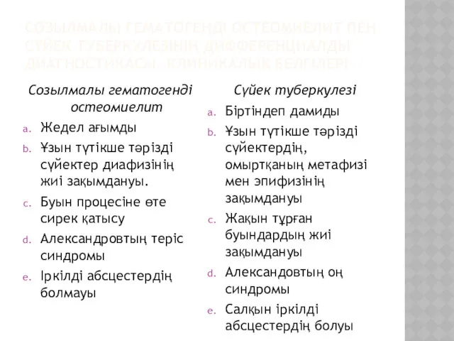 СОЗЫЛМАЛЫ ГЕМАТОГЕНДІ ОСТЕОМИЕЛИТ ПЕН СҮЙЕК ТУБЕРКУЛЕЗІНІҢ ДИФФЕРЕНЦИАЛДЫ ДИАГНОСТИКАСЫ. КЛИНИКАЛЫҚ БЕЛГІЛЕРІ Созылмалы гематогенді остеомиелит