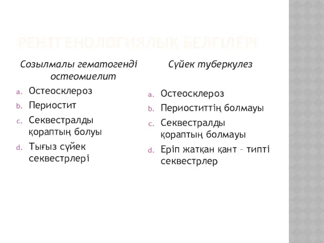 РЕНТГЕНОЛОГИЯЛЫҚ БЕЛГІЛЕРІ Созылмалы гематогенді остеомиелит Остеосклероз Периостит Секвестралды қораптың болуы