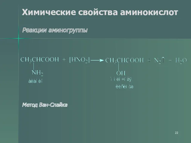 Химические свойства аминокислот Реакции аминогруппы Метод Ван-Слайка