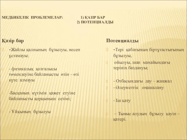 МЕДБИКЕЛІК ПРОБЛЕМЕЛАР: 1) ҚАЗІР БАР 2) ПОТЕНЦИАЛДЫ Қазір бар -Жайлы