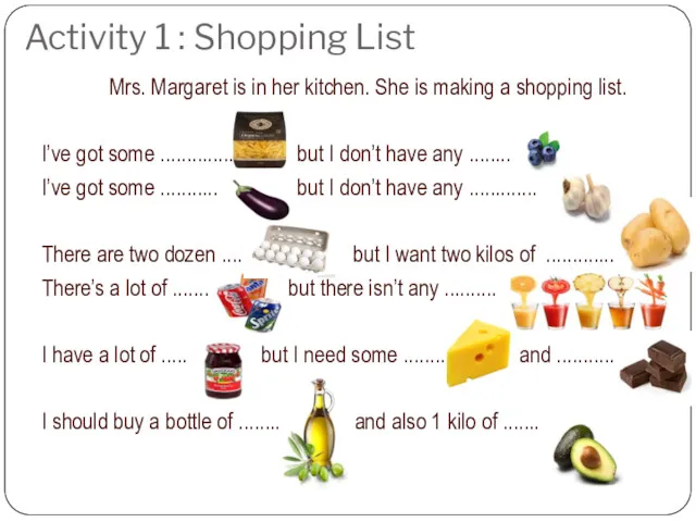 Activity 1 : Shopping List Mrs. Margaret is in her kitchen. She is