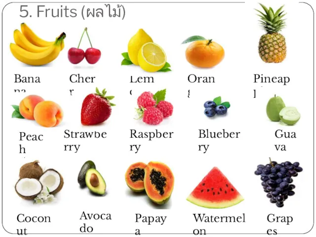5. Fruits (ผลไม้) Banana Cherry Lemon Raspberry Strawberry Peach พีช Pineapple Orange Blueberry