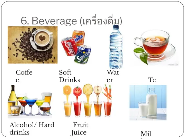 6. Beverage (เครื่องดื่ม) Alcohol/ Hard drinks Fruit Juice Tea Water Soft Drinks Coffee Milk
