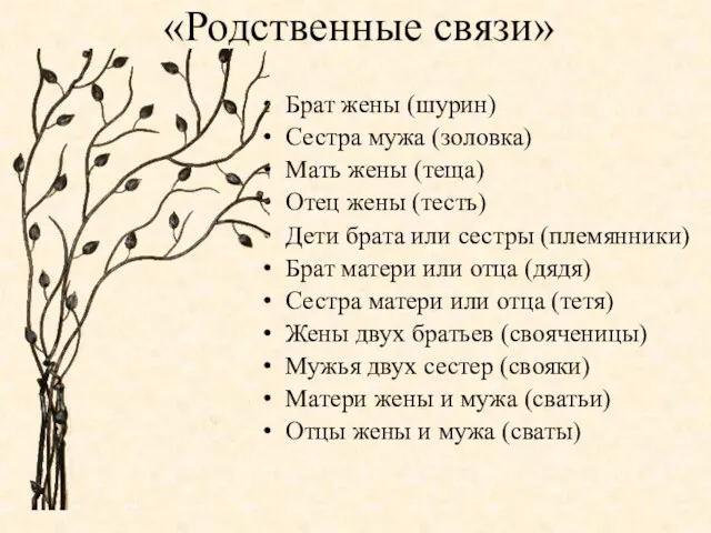 «Родственные связи» Брат жены (шурин) Сестра мужа (золовка) Мать жены