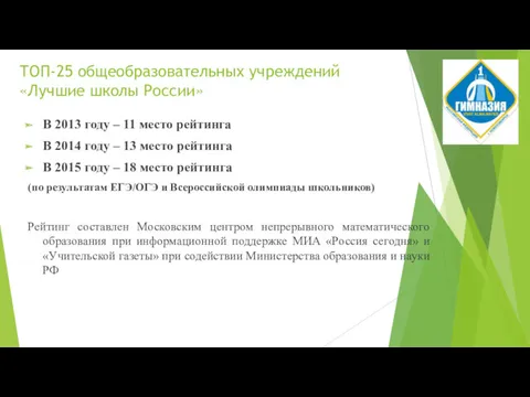 ТОП-25 общеобразовательных учреждений «Лучшие школы России» В 2013 году –