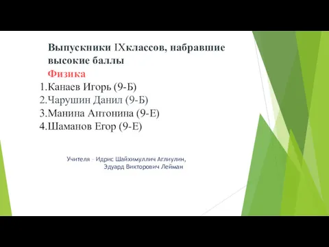 Выпускники IXклассов, набравшие высокие баллы Физика Канаев Игорь (9-Б) Чарушин