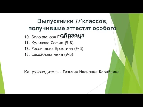 Выпускники IX классов, получившие аттестат особого образца 10. Белоклокова Галина