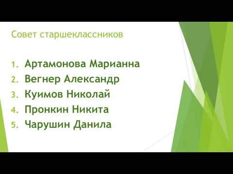 Совет старшеклассников Артамонова Марианна Вегнер Александр Куимов Николай Пронкин Никита Чарушин Данила