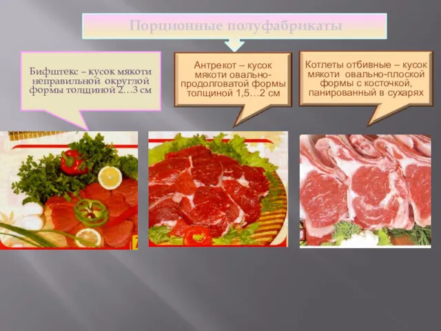 Порционные полуфабрикаты Бифштекс – кусок мякоти неправильной округлой формы толщиной 2…3 см