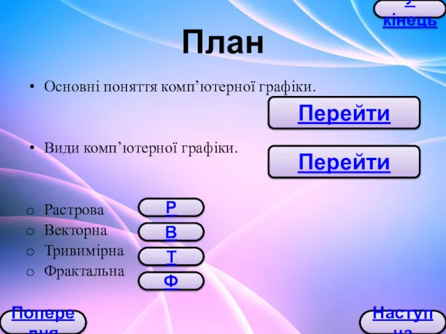 План Основні поняття комп’ютерної графіки. Види комп’ютерної графіки. Растрова Векторна