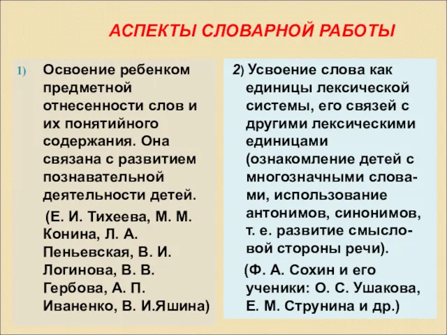 АСПЕКТЫ СЛОВАРНОЙ РАБОТЫ Освоение ребенком предметной отнесенности слов и их