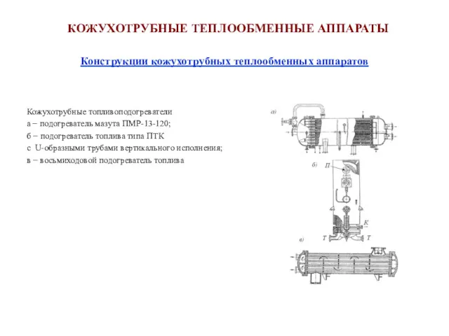 Конструкции кожухотрубных теплообменных аппаратов Кожухотрубные топливоподогреватели а − подогреватель мазута