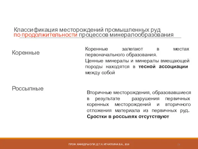 Классификация месторождений промышленных руд по продолжительности процессов минералообразования Коренные Россыпные ПРОФ. КАФЕДРЫ ОПИ,