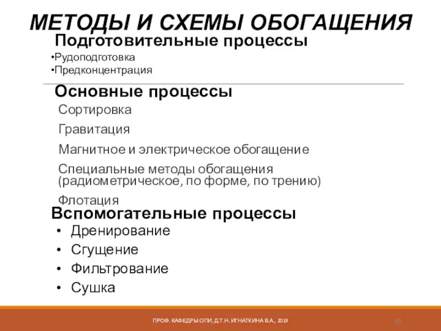 МЕТОДЫ И СХЕМЫ ОБОГАЩЕНИЯ Подготовительные процессы Рудоподготовка Предконцентрация Основные процессы Вспомогательные процессы Сортировка