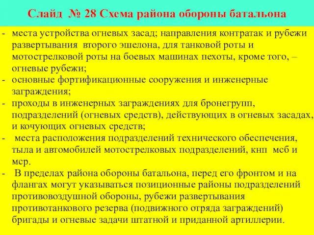 Слайд № 28 Схема района обороны батальона места устройства огневых