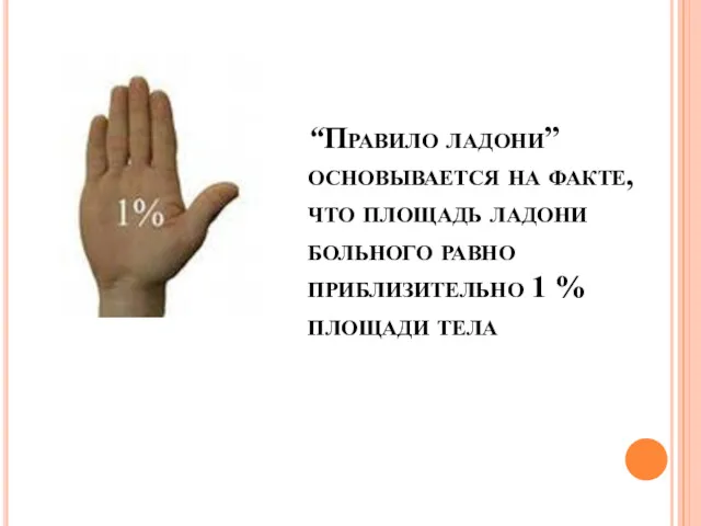 “Правило ладони” основывается на факте, что площадь ладони больного равно приблизительно 1 % площади тела