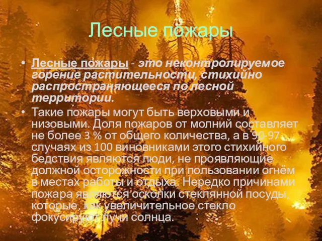 Лесные пожары Лесные пожары - это неконтролируемое горение растительности, стихийно
