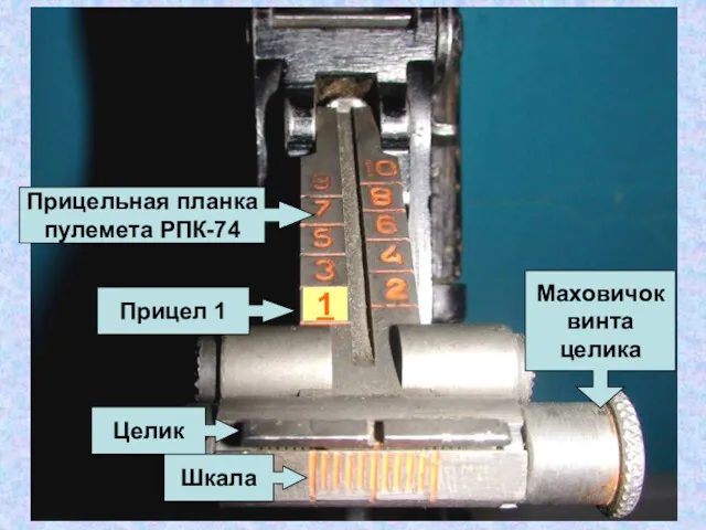 1 Прицел 1 Прицельная планка пулемета РПК-74 Целик Маховичок винта целика Шкала