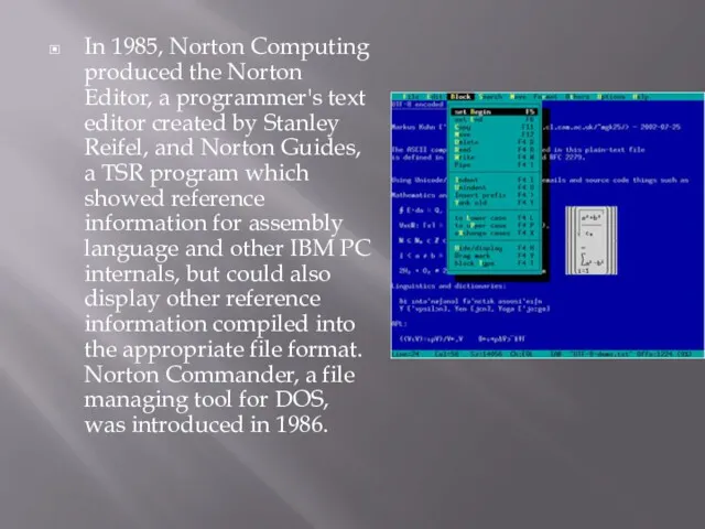 In 1985, Norton Computing produced the Norton Editor, a programmer's