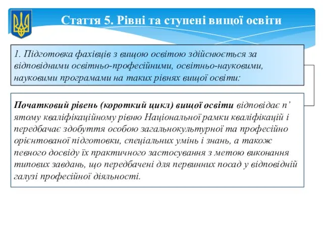 Стаття 5. Рівні та ступені вищої освіти 1. Підготовка фахівців з вищою освітою