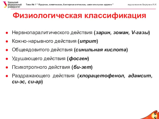 55 Физиологическая классификация Нервнопаралитического действия (зарин, зоман, V-газы) Кожно-нарывного действия