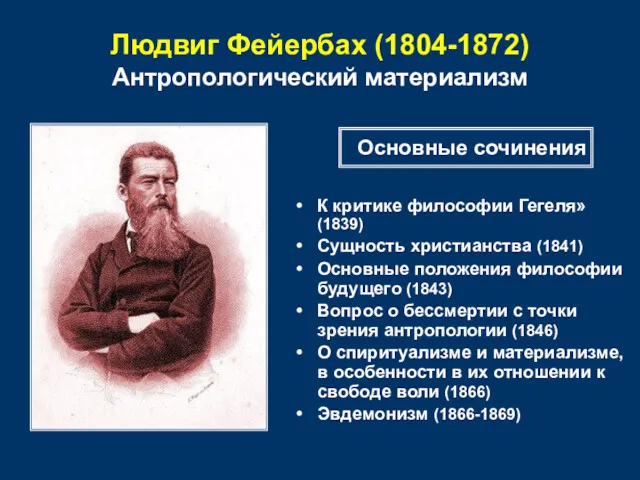 Людвиг Фейербах (1804-1872) Антропологический материализм К критике философии Гегеля» (1839)