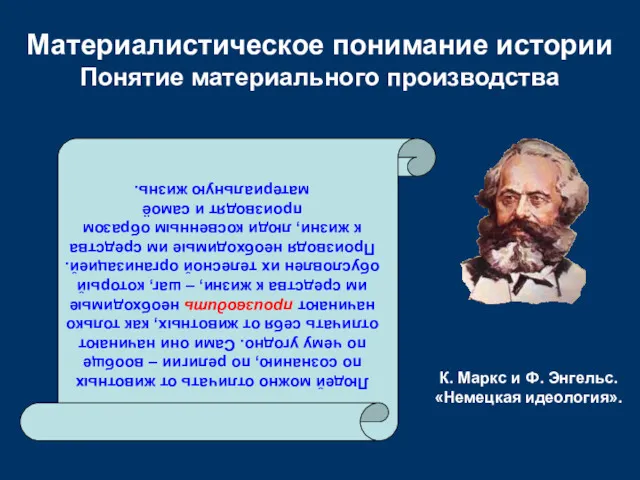 Материалистическое понимание истории Понятие материального производства Людей можно отличать от животных по сознанию,