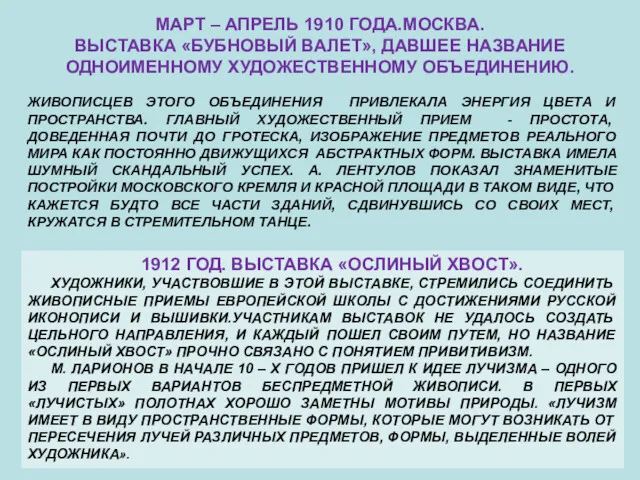 МАРТ – АПРЕЛЬ 1910 ГОДА.МОСКВА. ВЫСТАВКА «БУБНОВЫЙ ВАЛЕТ», ДАВШЕЕ НАЗВАНИЕ