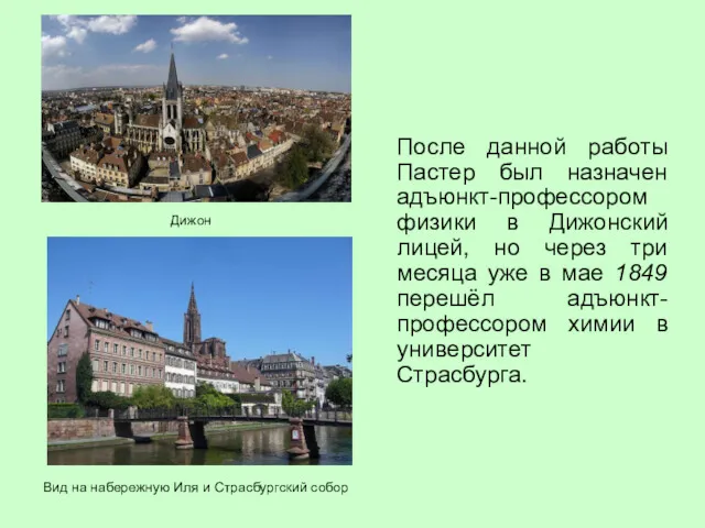 После данной работы Пастер был назначен адъюнкт-профессором физики в Дижонский