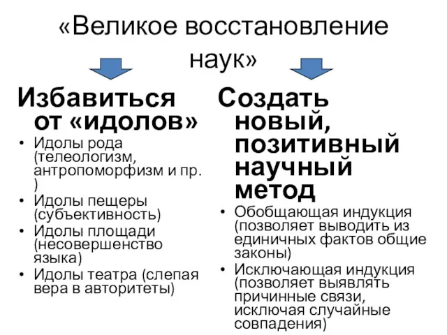 «Великое восстановление наук» Избавиться от «идолов» Идолы рода (телеологизм, антропоморфизм