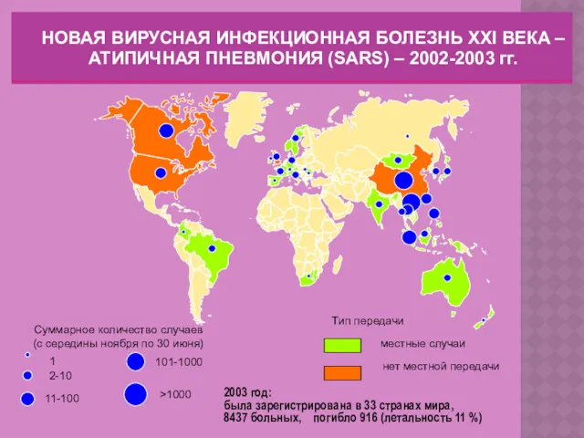 2003 год: была зарегистрирована в 33 странах мира, 8437 больных, погибло 916 (летальность 11 %) >1000