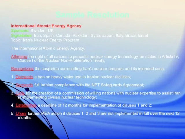 Sample Resolution International Atomic Energy Agency Sponsors: Sweden, UK Signatories: