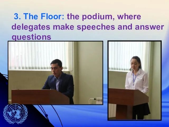 3. The Floor: the podium, where delegates make speeches and answer questions